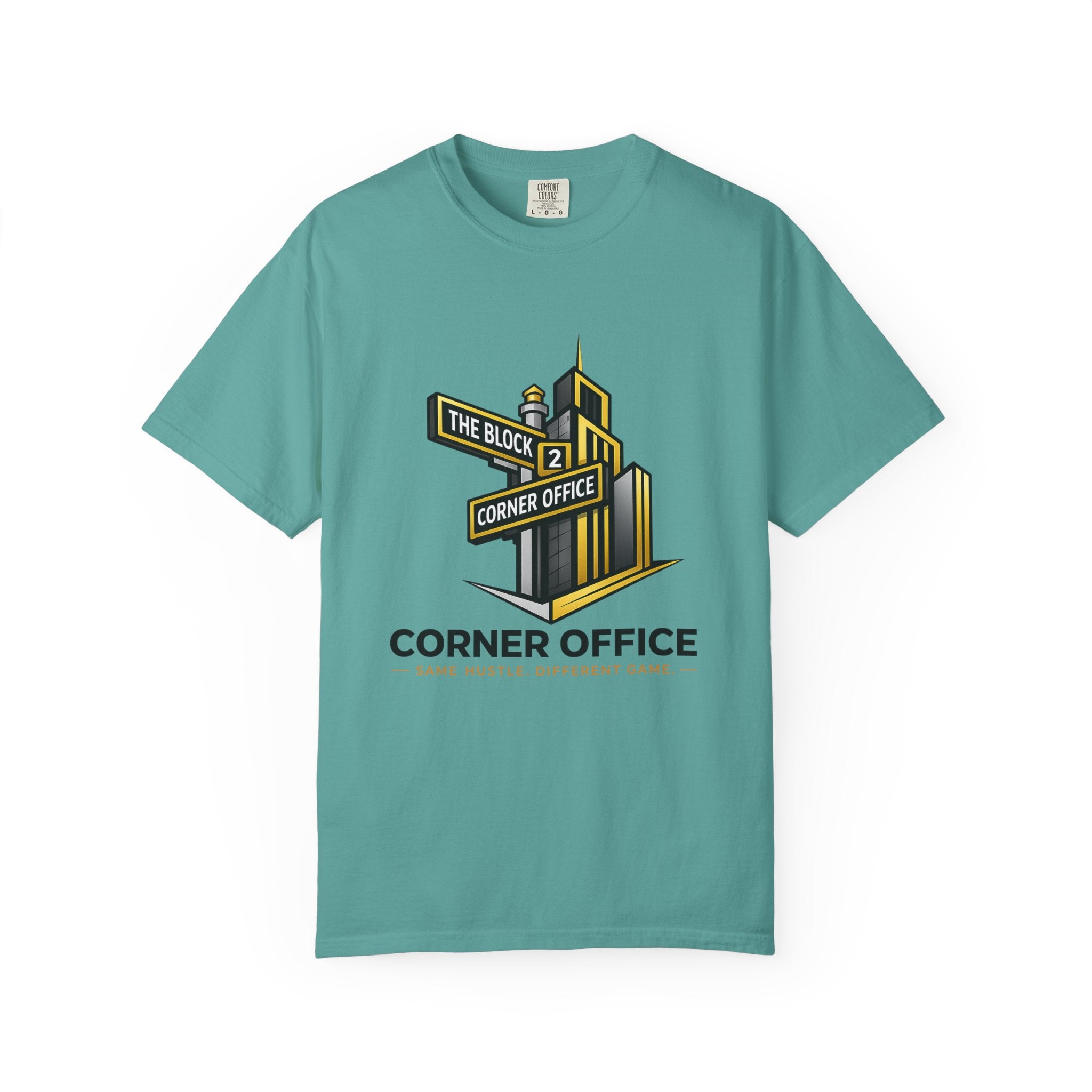 Corner Office T-Shirt — 'Corner Office' Logo Tee with Golden Globe Graphic