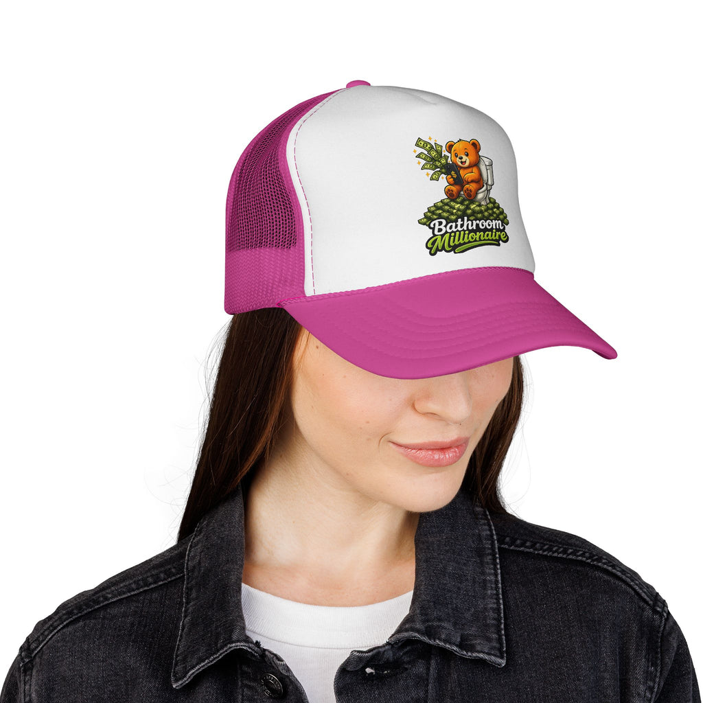 Bathroom Millionaire Trucker Cap — Cute Teddy Toilet Graphic Mesh Hat