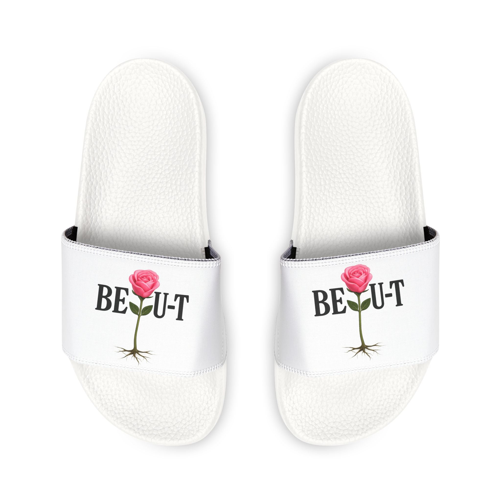 Youth Slides – 'Be-U-t' Rose Graphic Removable-Strap Sandals