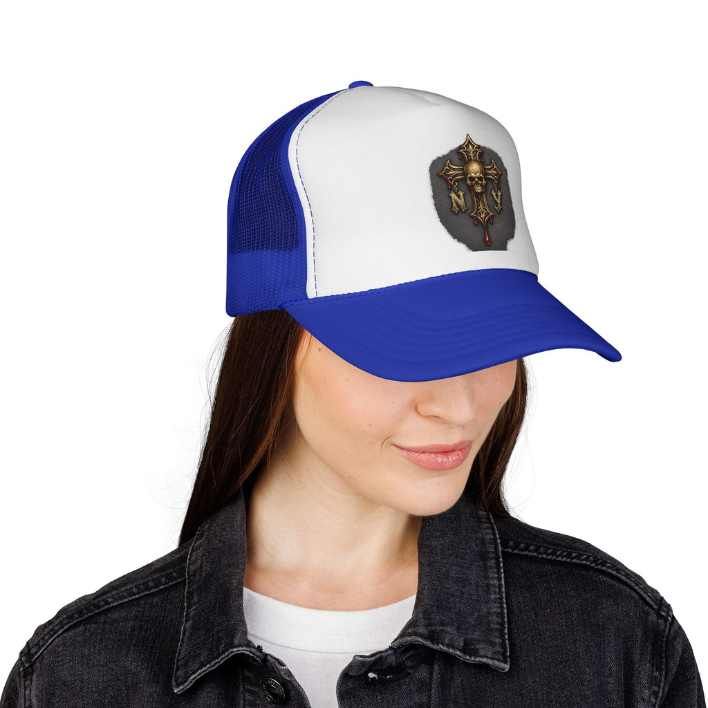 Skull Cross Crest Trucker Hat — Gothic Skull & Cross Emblem Cap