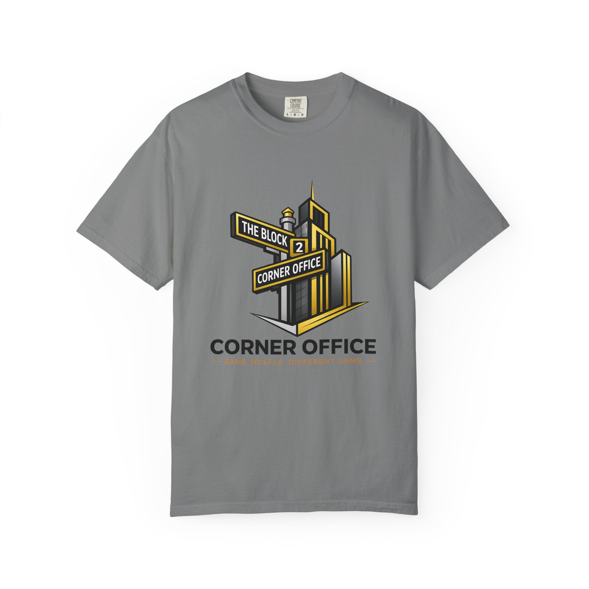 Corner Office T-Shirt — 'Corner Office' Logo Tee with Golden Globe Graphic