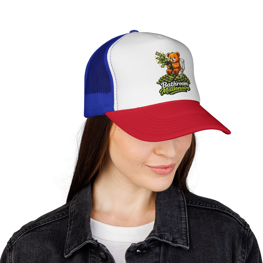 Bathroom Millionaire Trucker Cap — Cute Teddy Toilet Graphic Mesh Hat