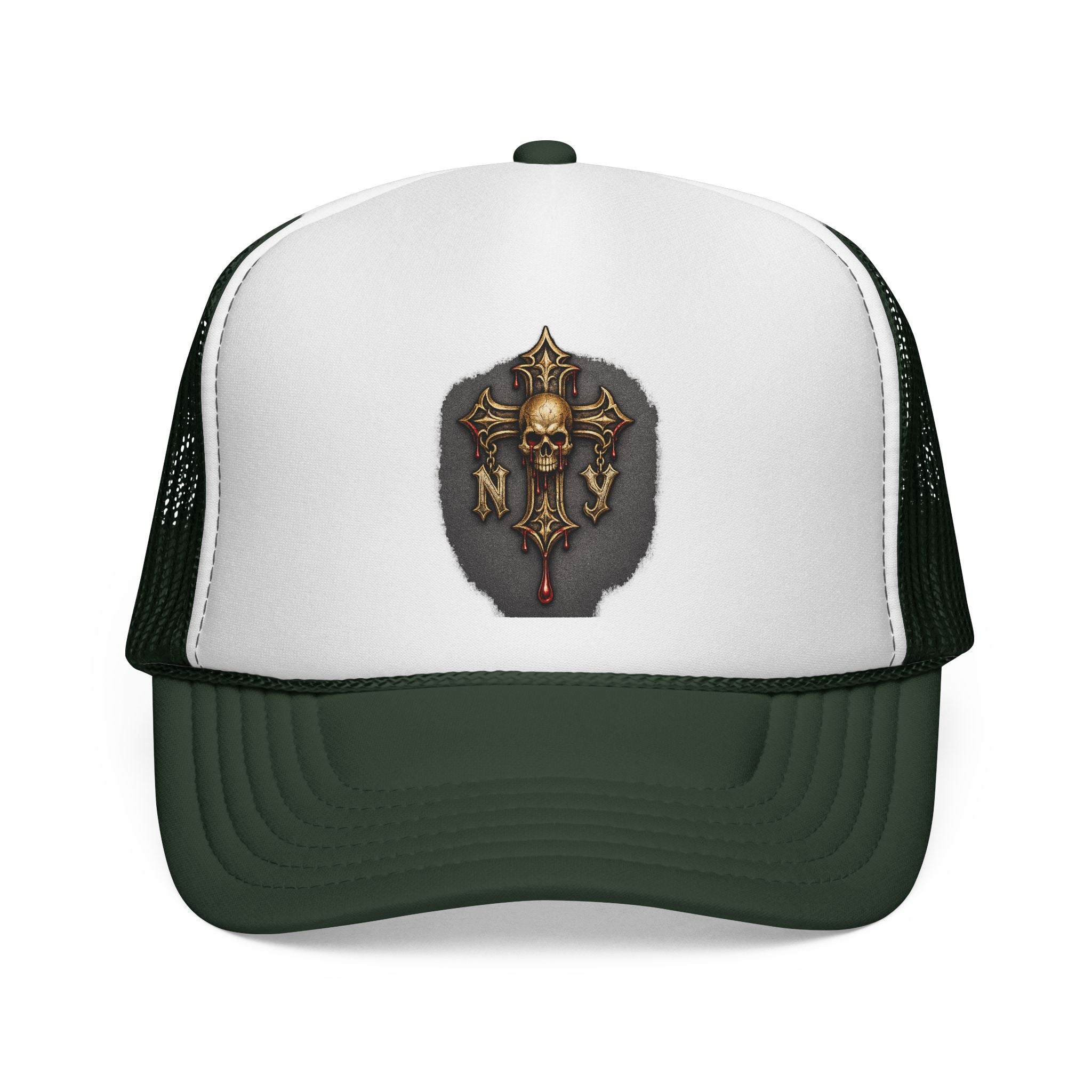 Skull Cross Crest Trucker Hat — Gothic Skull & Cross Emblem Cap