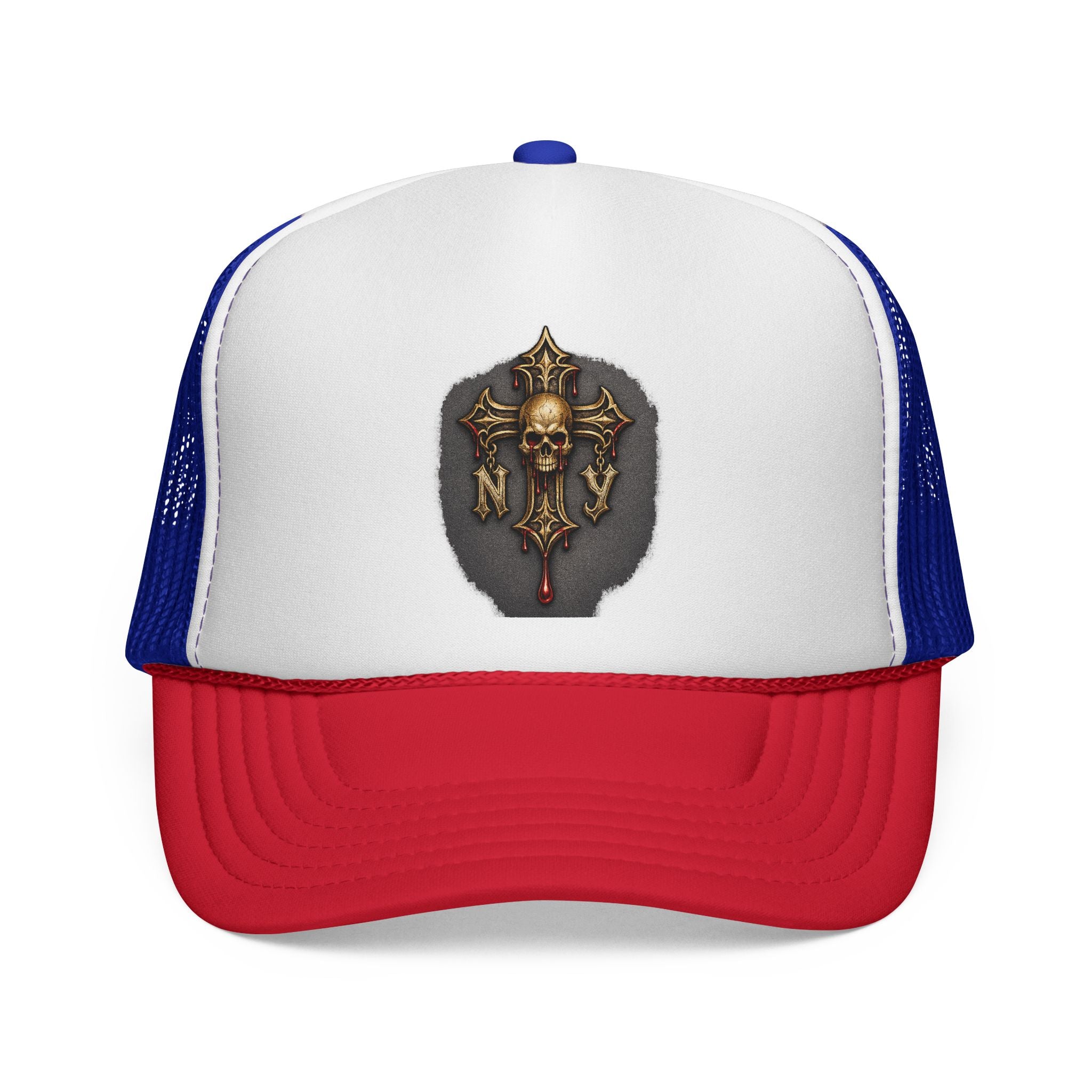 Skull Cross Crest Trucker Hat — Gothic Skull & Cross Emblem Cap