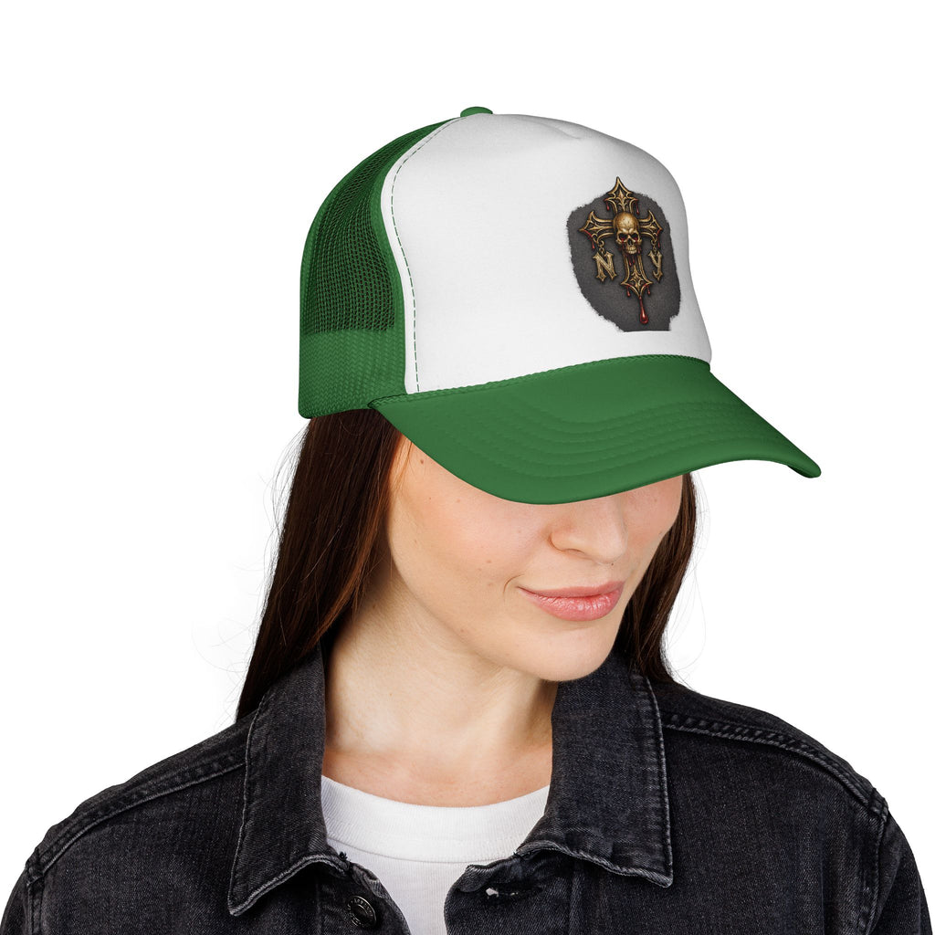 Skull Cross Crest Trucker Hat — Gothic Skull & Cross Emblem Cap
