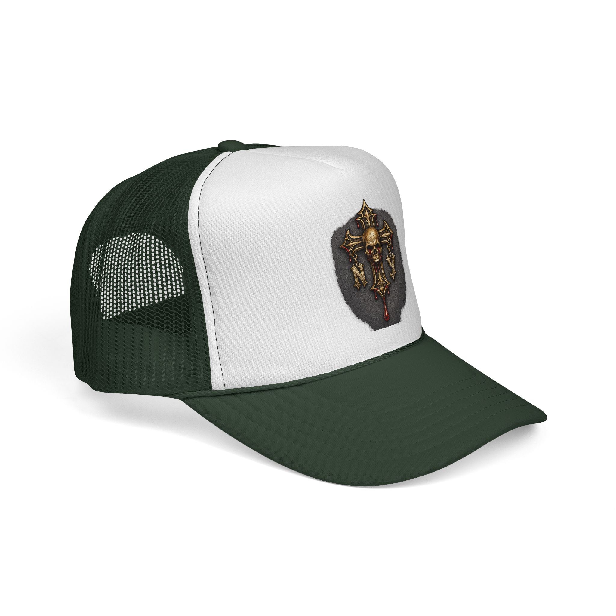 Skull Cross Crest Trucker Hat — Gothic Skull & Cross Emblem Cap