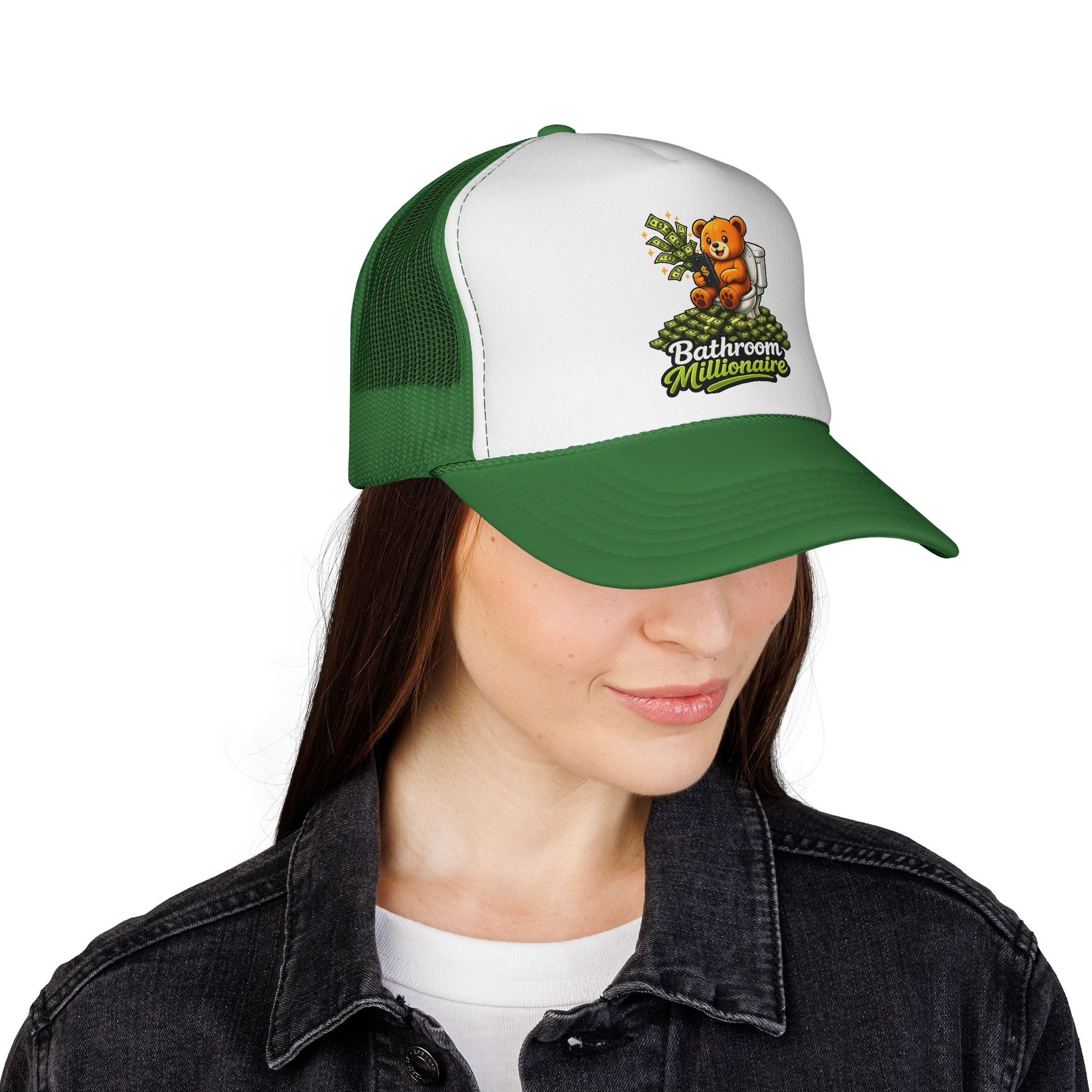 Bathroom Millionaire Trucker Cap — Cute Teddy Toilet Graphic Mesh Hat