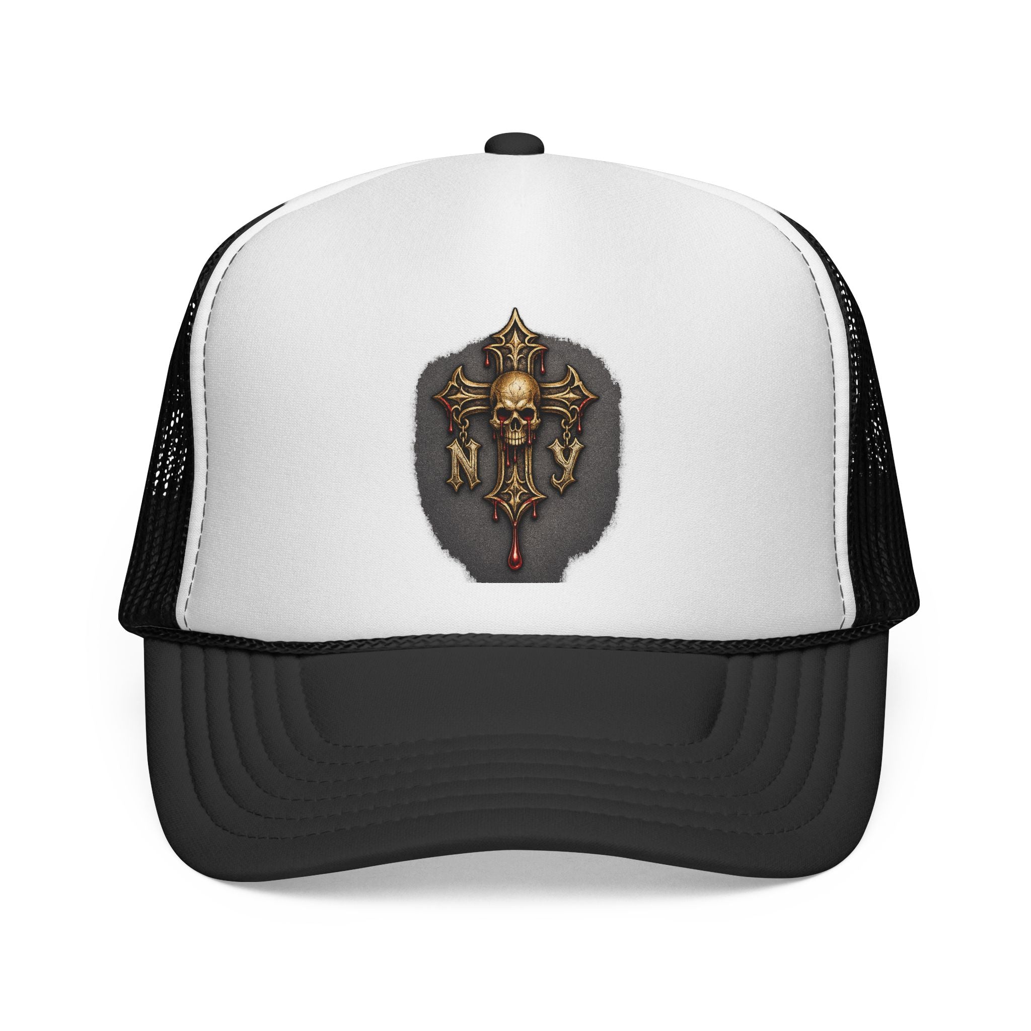 Skull Cross Crest Trucker Hat — Gothic Skull & Cross Emblem Cap