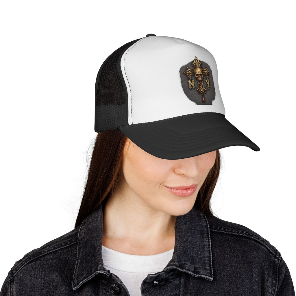 Skull Cross Crest Trucker Hat — Gothic Skull & Cross Emblem Cap