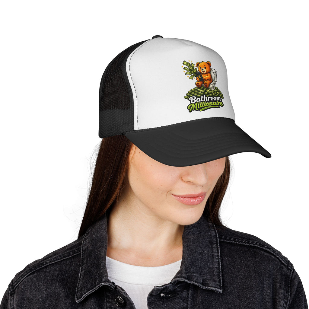 Bathroom Millionaire Trucker Cap — Cute Teddy Toilet Graphic Mesh Hat