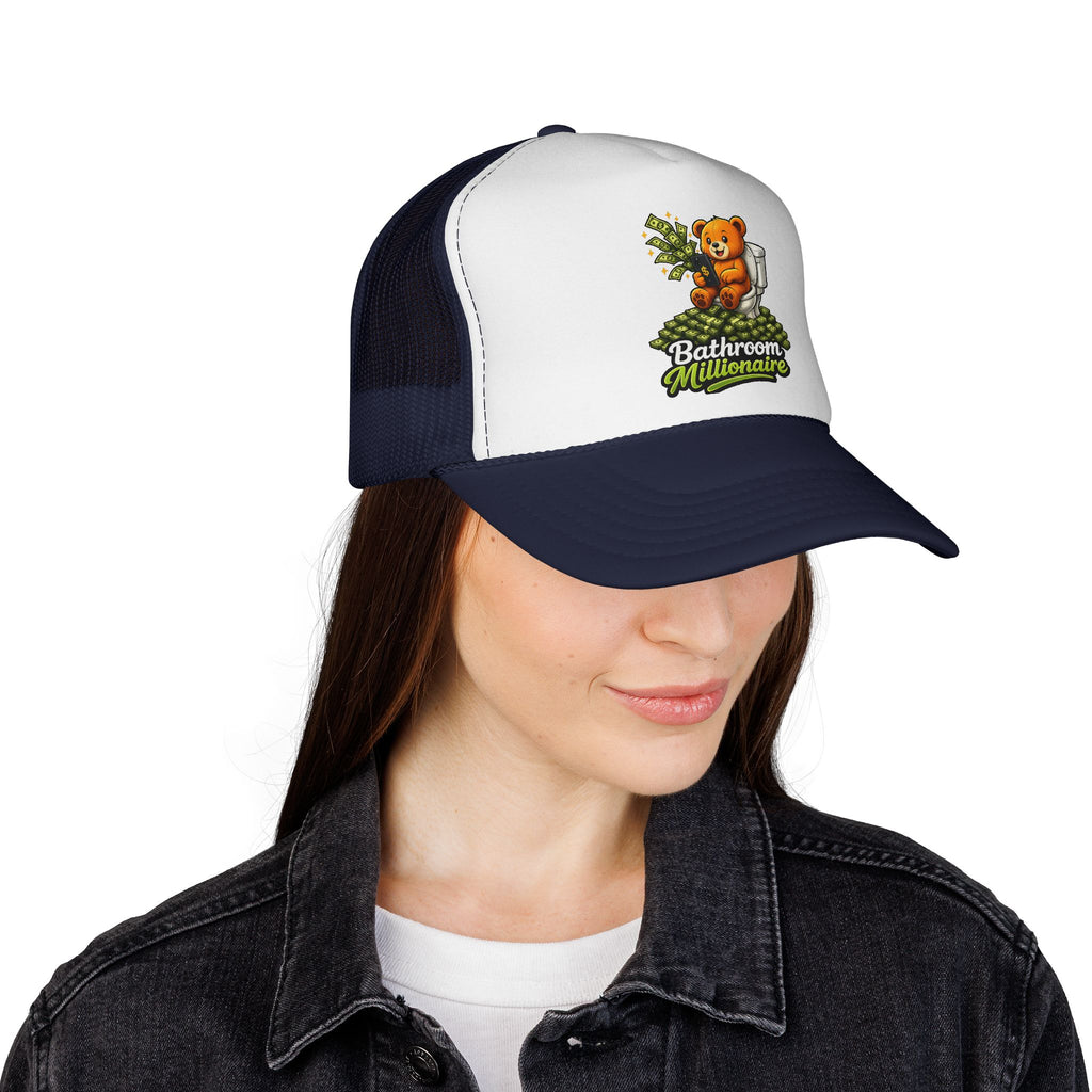 Bathroom Millionaire Trucker Cap — Cute Teddy Toilet Graphic Mesh Hat