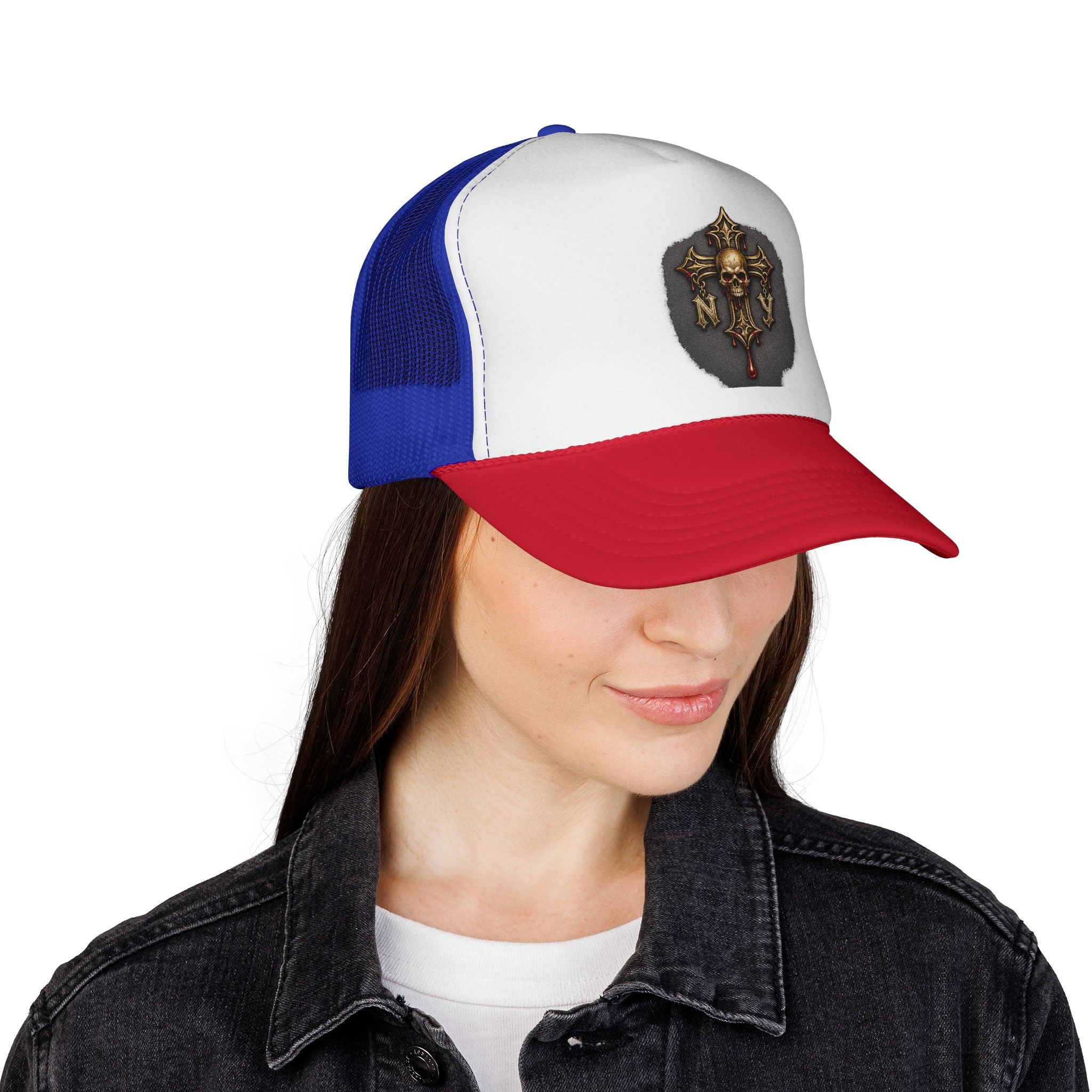 Skull Cross Crest Trucker Hat — Gothic Skull & Cross Emblem Cap