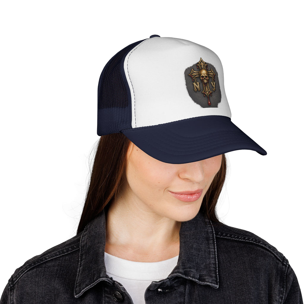 Skull Cross Crest Trucker Hat — Gothic Skull & Cross Emblem Cap