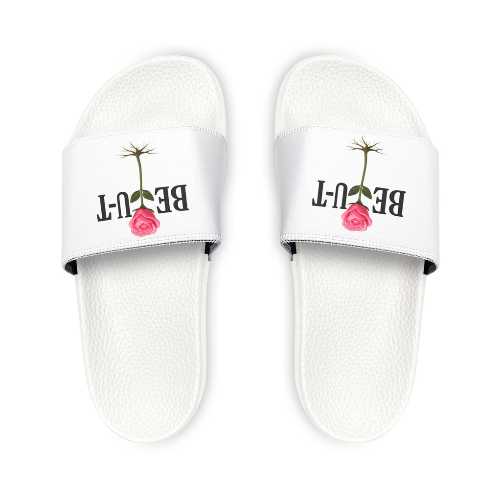 Youth Slides – 'Be-U-t' Rose Graphic Removable-Strap Sandals