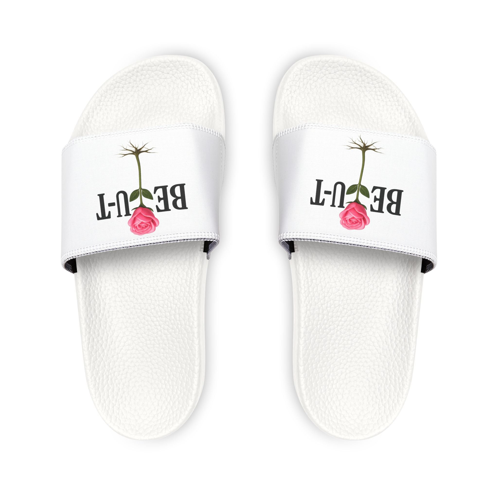 Youth Slides – 'Be-U-t' Rose Graphic Removable-Strap Sandals