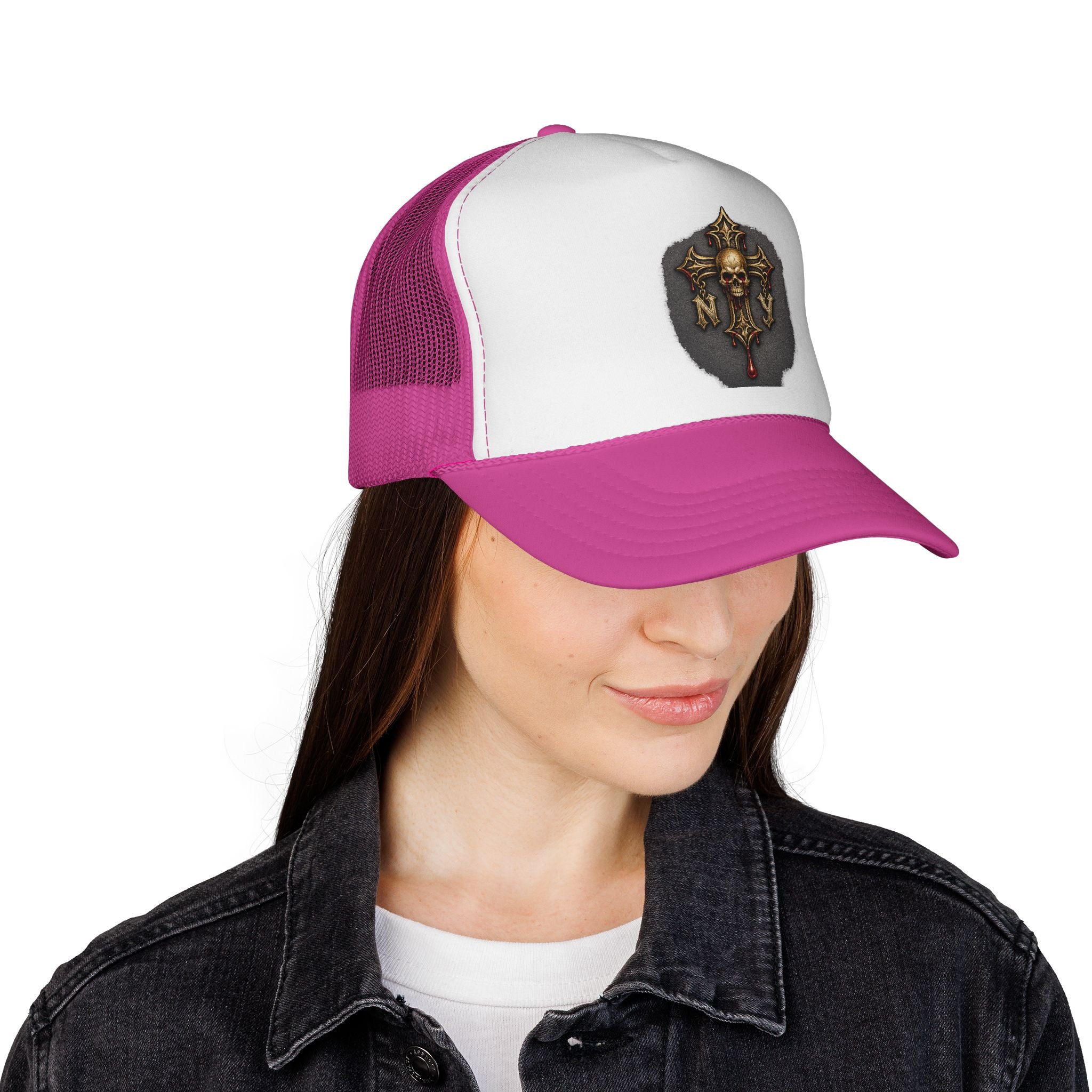 Skull Cross Crest Trucker Hat — Gothic Skull & Cross Emblem Cap