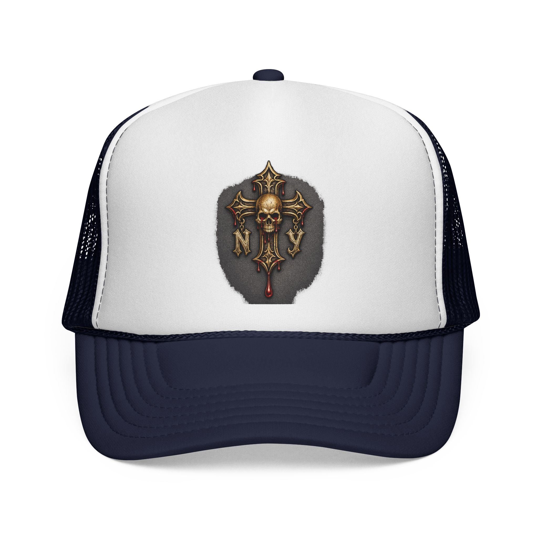 Skull Cross Crest Trucker Hat — Gothic Skull & Cross Emblem Cap